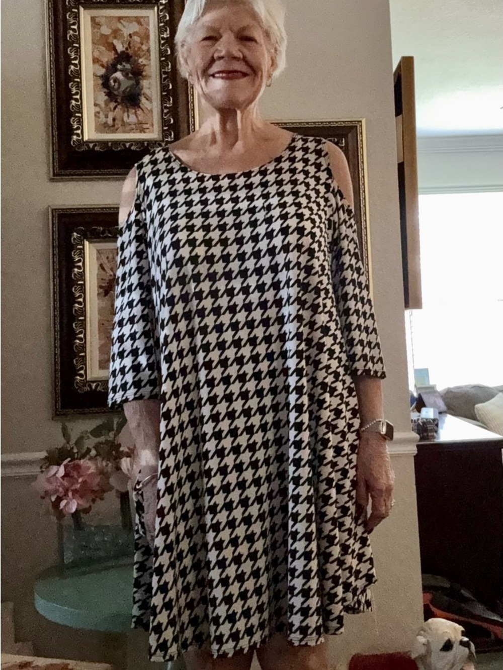 Cold-Shoulder Houndstooth Long Sleeve Dress - Black & White